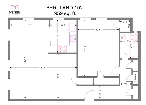 Floor plan for 1 bed, 1 bath, 892 sqft
